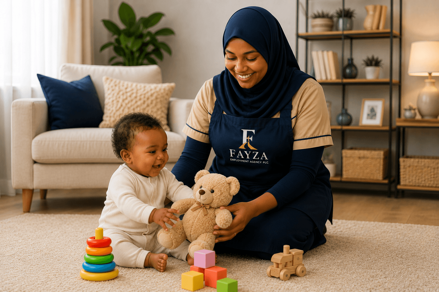 Fayza childcare worker playing safely with a young child at home