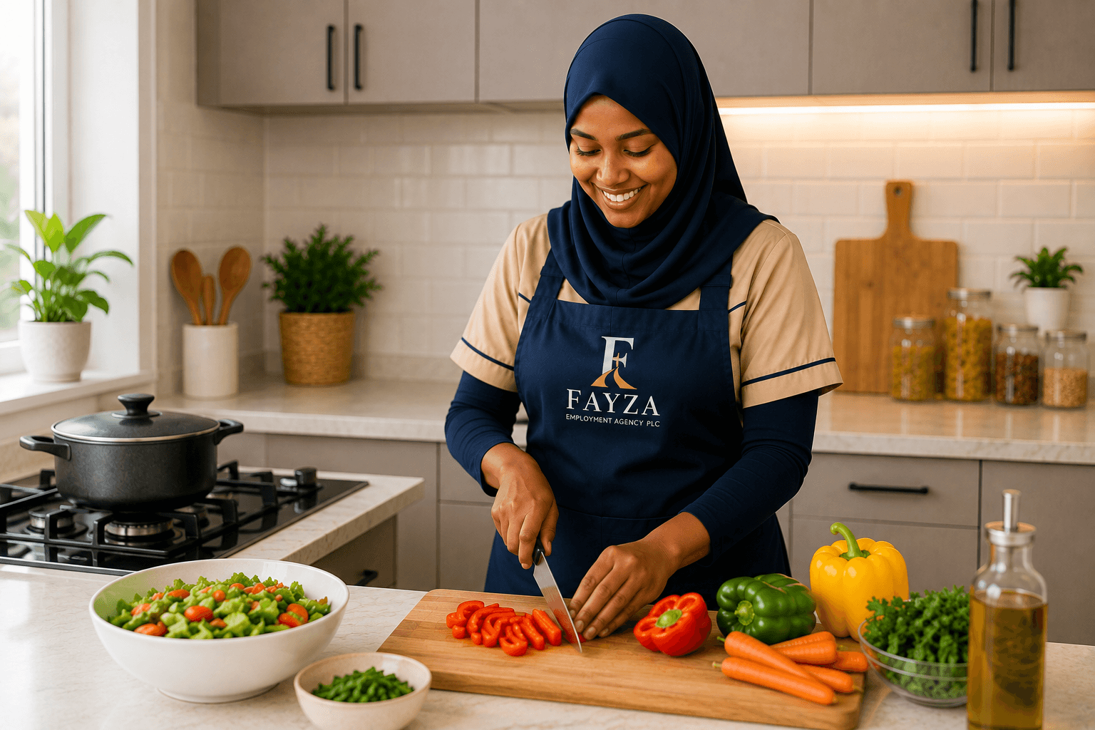 Fayza domestic worker preparing fresh vegetables in a family kitchen