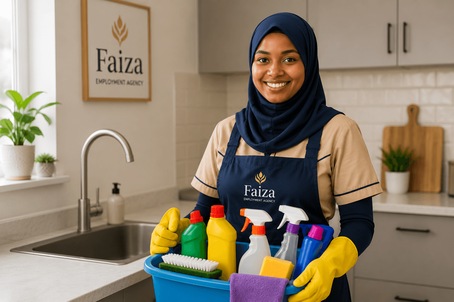 Fayza domestic worker prepared with professional home-cleaning supplies